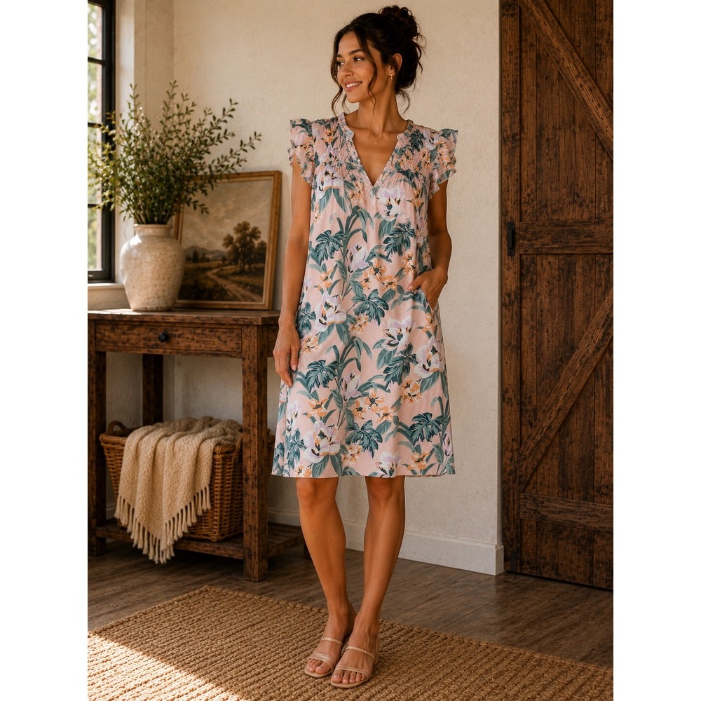 LOFT Pink Tropical Floral Smocked Ruffle Sleeve V-Neck Shift Dress Womens Small